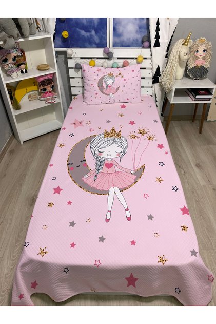 Pembe AYDA OTURAN KIZ Desenli Tek Kişilik PİKE ve YASTIK KILIFI Yatak Örtüsü Takımı