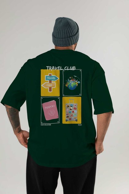 Travel Club Back Printed Green Oversize T-Shirt Men's Women's 100% Cotton Crew Neck T-Shirt