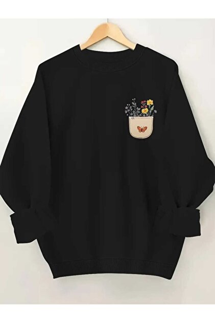 Çiçekli Cep Göğüs Baskılı Bisisklet Yaka Siyah Sweatshirt