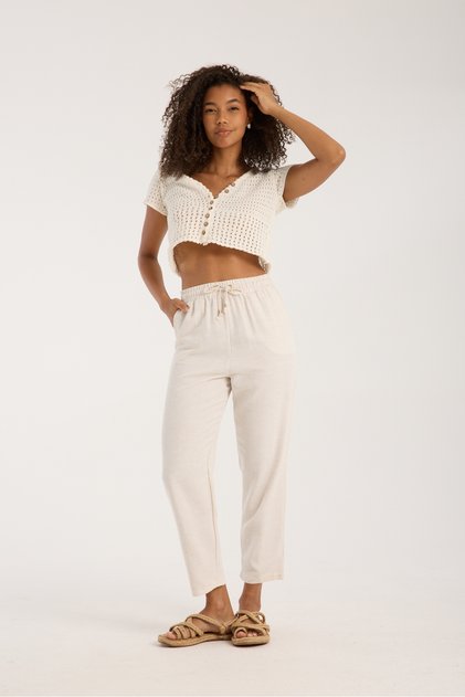 Women's Linen Blend Pocket High Waist Tie Pants