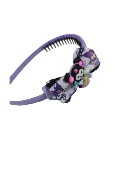 Kuromi and Satin Bow Figured Lace Detailed Purple Color Ribbon Wrapped Scalloped Crown