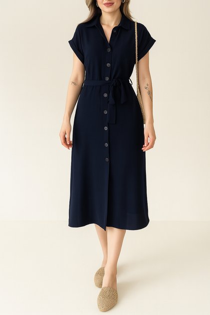 Women's Button-Down Midi-Length Linen Dress – Belted, Casual and Stylish Summer Dress
