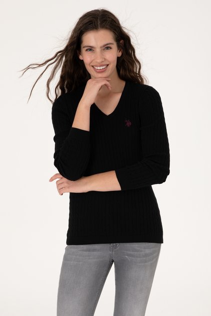 Schwarzer Basic-Pullover mit V-Ausschnitt für Damen 50313625-VR046
