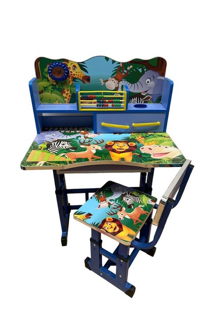 Set Birou cu Scaun pentru Copii, Cadru Metalic, Reglabil pe Înălțime, Ceas si Abac Educațional, Sertar pentru Depozitare, Design Zoo