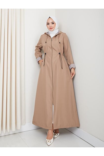 Women's Hooded Stripe Detail Taupe Bonded Coat