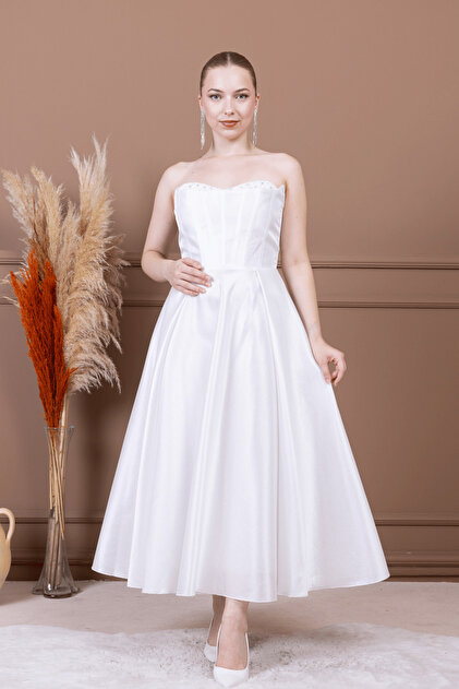 knee length dresses for ladies White Strapless Satin Bridal Dress – Georgiana Formal Dress main image 0