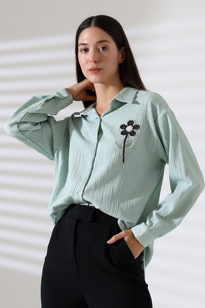 Ribbed Long Sleeve Durres Textured Flower Pearl Cool Fabric Women's Shirt