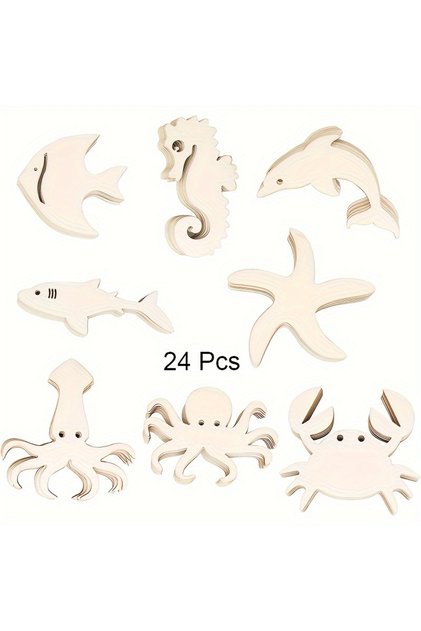 24 pcs sea animals 24 Pack Wood Ocean Sea Animal Cutouts DIY Sea Animal Craft Gift Tags Hanging Orn