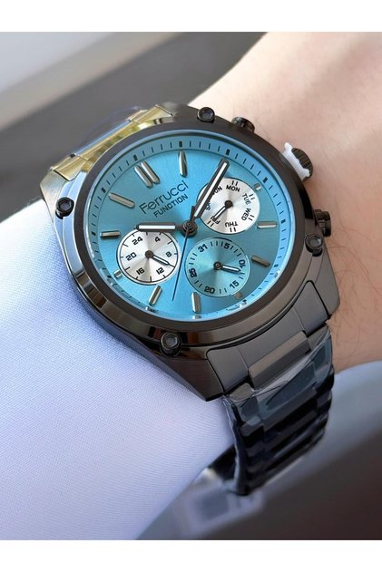 Function Men's Wristwatch Blue Dial Smoked Metal Band Functional Watch with Calendar