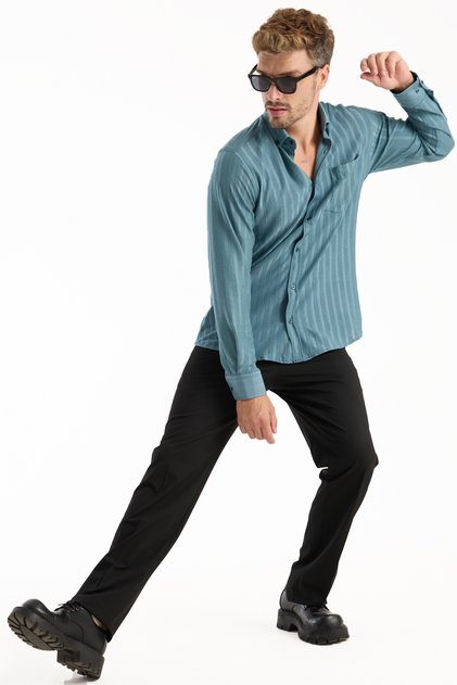 Men's Shirt Green Long Sleeve Pocket Oversize Comfortable Fit Draped Cotton Lycra Daily Stylish Model