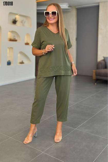 Women's Two Piece Suit Short Sleeve V Neck Sequined Viscose Two Thread Blouse and Pants