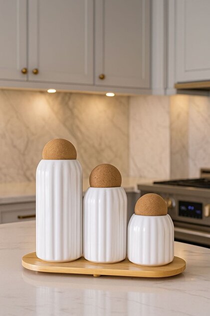 ENYAZA(2024) 3lü Top Mantar Kapaklı Stantlı Çizgili Porselen