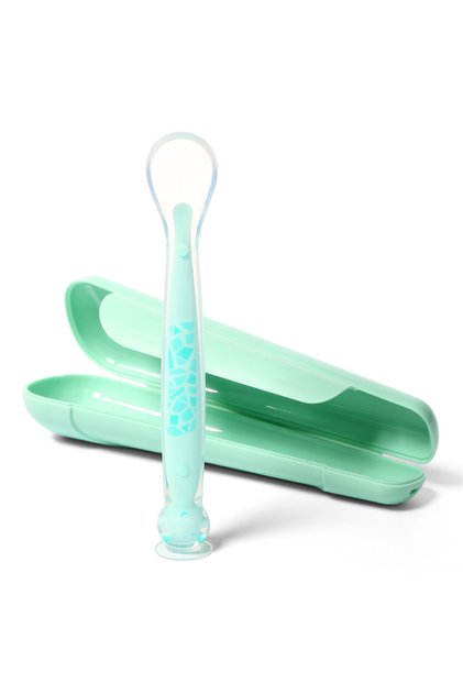 Lingurita cu ventuza si carcasa pentru depozitare, BabyOno, Din silicon, Fara bisfenol A, 6 luni+