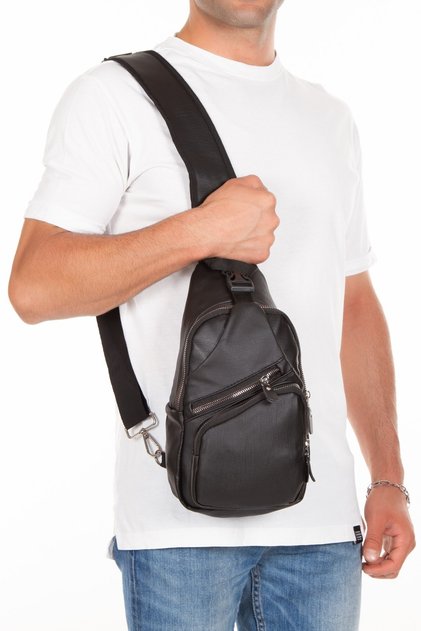 Men's Washed Leather Cross Chest Waist and Shoulder Bag with USB and Headphone Outlet - Black