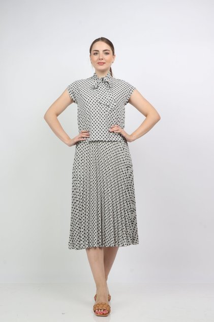 Women's Polka Dot Blouse with Neck Tie and Short Sleeves