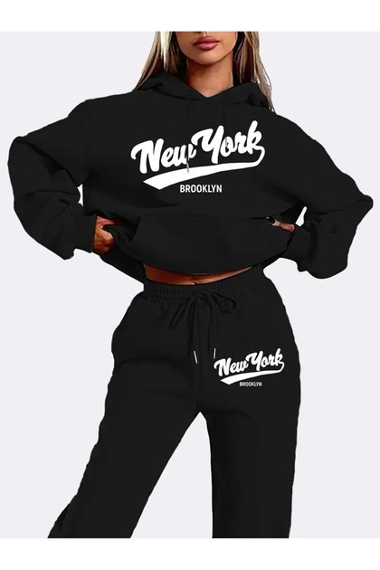 New York Brooklyn Print Hooded Oversize Women's Black and Grey Tracksuit Set