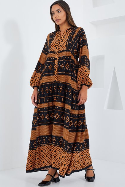 Women's Patterned Hijab Dress Brown 1010