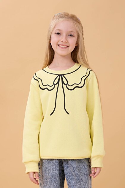 Girl's Crew Neck Printed Hooded Winter Sweatshirt - Yellow
