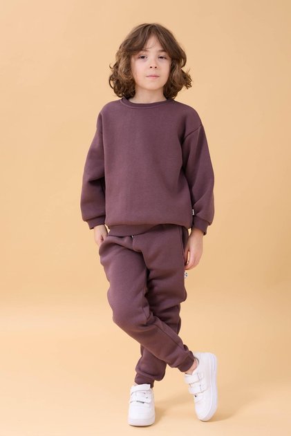 Boy's Crew Neck Hooded Winter 2-Piece Tracksuit Set - Eggplant Color