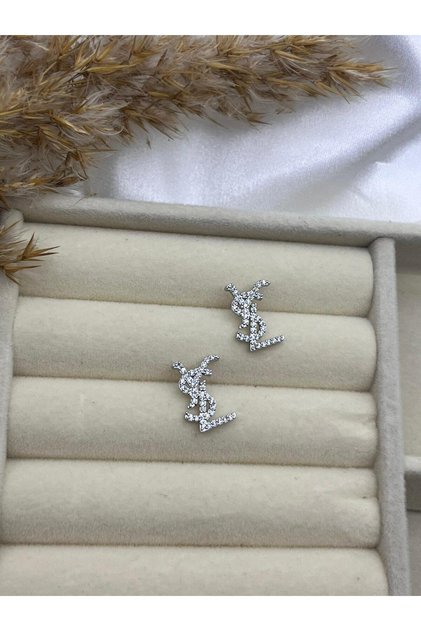 YSL Yazılı Işıl Işıl Gümüş Renk Çelik Küpe