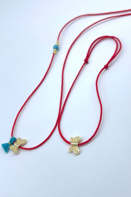 Dragonfly Figured Tassel Detailed Red String Necklace and Anklet Set