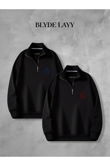Fire and Water 3-Thread Half Zipper Sweatshirt Lover Couple Combination