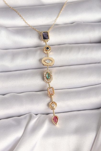 Pirinç Gold Renk Zirkon Taşlı Baget Dekolte Model Kadın Kolye - Lisinya