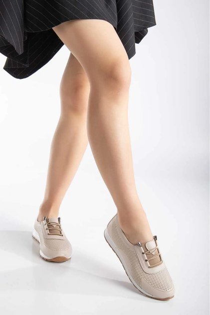 Women's Beige Orthopedic Perforated & Lace-up Daily Sports Flats