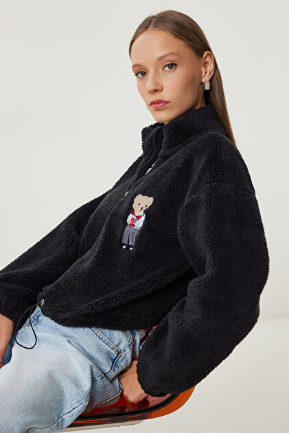 Happiness İstanbul Kadın Siyah Ayıcık İşlemeli Fermuarlı Polar