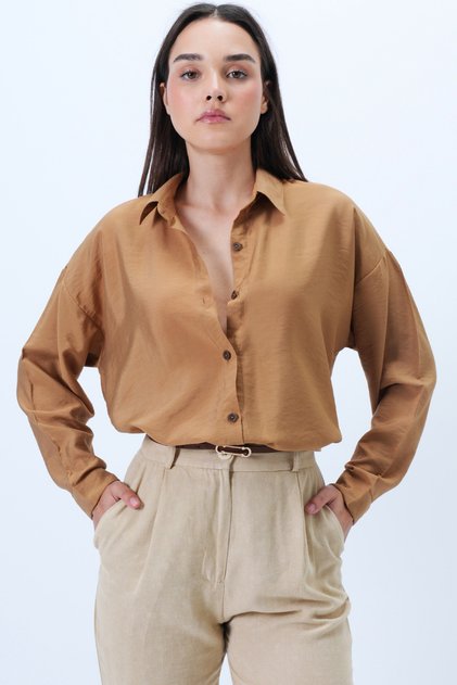 Μουσταρδί Κίτρινο Υφαντό Πουκάμισο Oversize από Ύφασμα Aerobin ALC-X14284