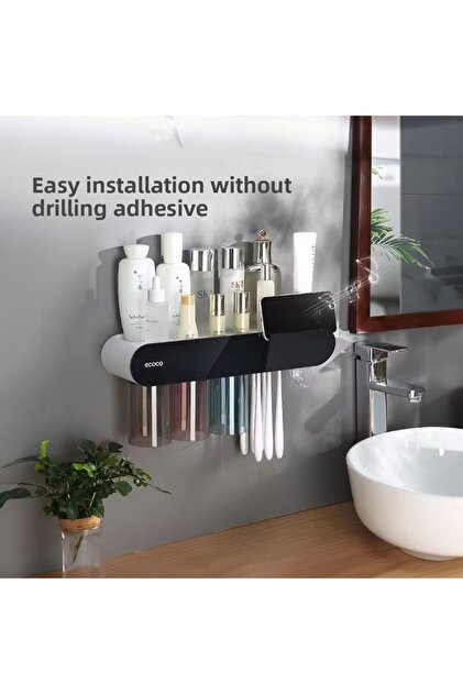 Ecoco adhesive magnetic 3-piece cup holder toothpaste squeezer and holder bathroom organizer