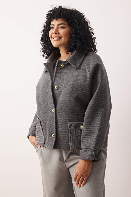 Grauer Regular Fit Stempel Slim Plus Size Mantel TWOAW26AW00005
