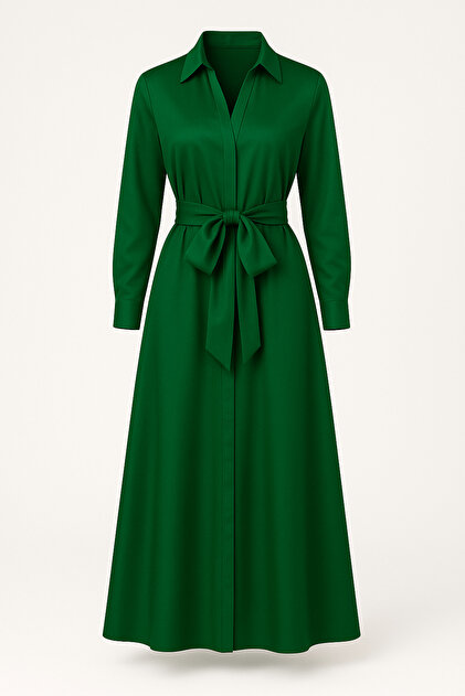 UNTIMELY Belted Duck Head Green Satin Shirt Dress- Trendyol