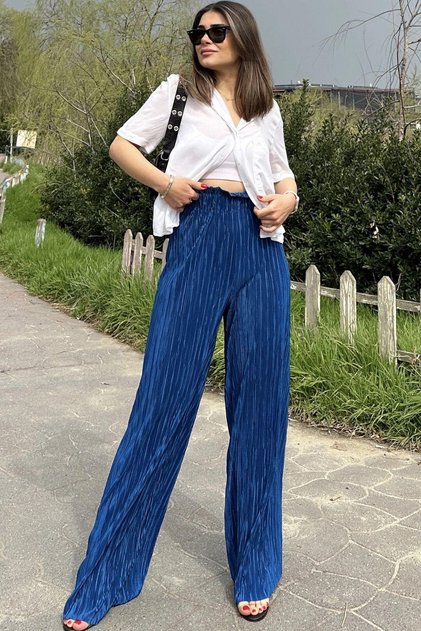 Women's Indigo Elastic Waist, High Waist, Loose Cut, Wide Leg Wrap Pants