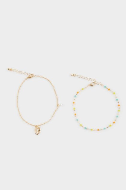 Women's 2-Piece Colorful Stone Gold Anklet F6909Axns