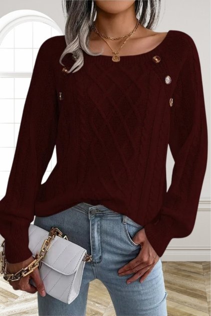 Women's Boat Neck Hair Braid Patterned Burgundy Knitwear Sweater with Button Detail