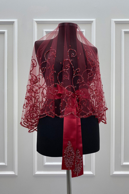 Burgundy Wedding Veil Set, Glass Beads and Sequins Printed Henna Veil Set 6 Pieces