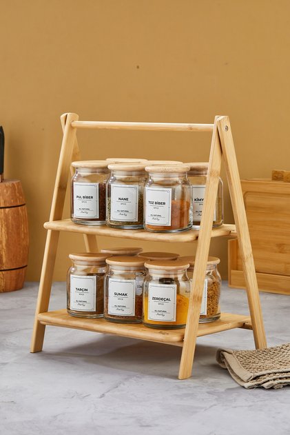 12-Piece Vacuum Wooden Lid 300ml Glass Spice Rack Set with Bamboo Stand (Label Included)