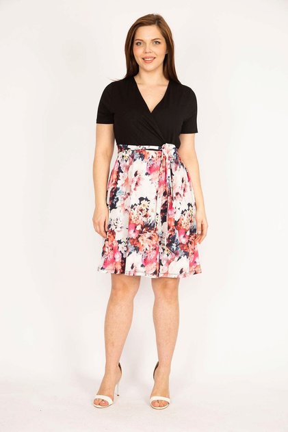Women's Black Plus Size Wraped Collar Waist Belted Dress 65n36025
