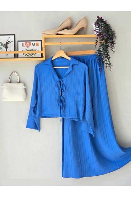 Women's Shirt Collar Lace-Up Seersucker Textured Two-Piece Set Long Sleeve Flared Skirt Combination