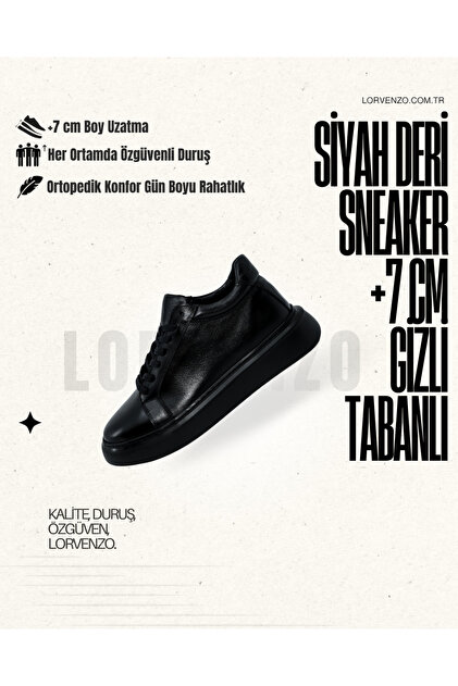 Lorvenzo SİYAH DERİ SNEAKER +7 CM BOY UZATAN (Gizli Taban