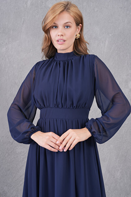 vuvutasarım Lined Chiffon Fabric Long Sleeve Stand Collar Flared Cut Midi  Length Navy Blue Chiffon Dress 094- Trendyol