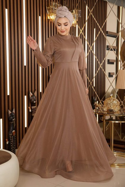 Silvery Evening Dress with Zipper Detail on Cuff Mink 12253