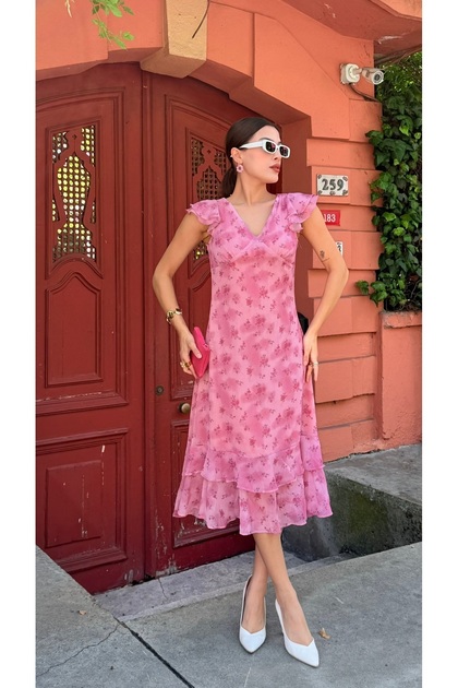Patterned Skirt Ruffled Midi Length Women's Dress
