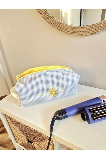 Blue Gingham Hair Styling Bag with Yellow Sun Embroidery, Large Size Travel Bag
