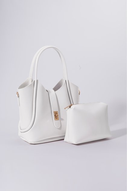 Women's White Lock Detailed Set of 2 Hand and Shoulder Bags and Makeup Bag