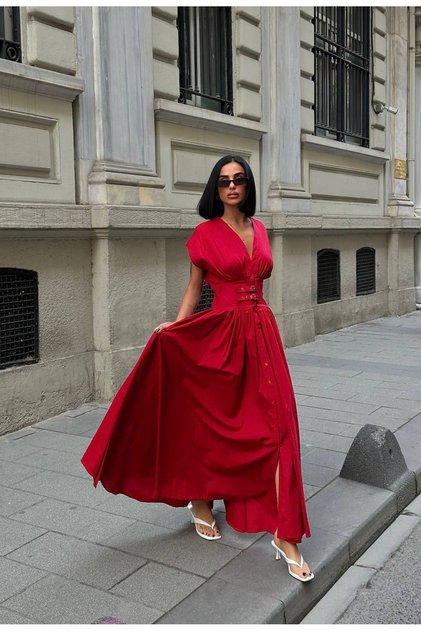 Women's Belted Corseted Short-Sleeve Buttoned Summer Long Dress