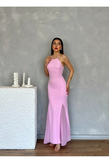 Chiffon Detailed Long Length Body Hugging Night Graduation Engagement Women's Dress