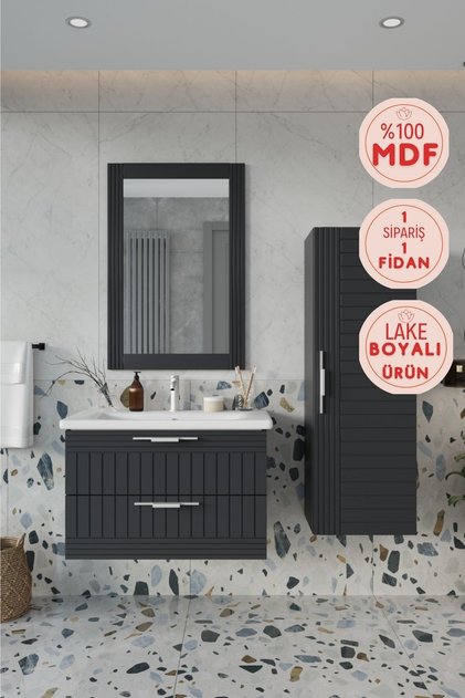 Erguvan Gümüş Kulp Antrasit 80 Cm %100 Mdf Lavabolu Banyo Dolabı Ayna Lavabo Boy Dolabı