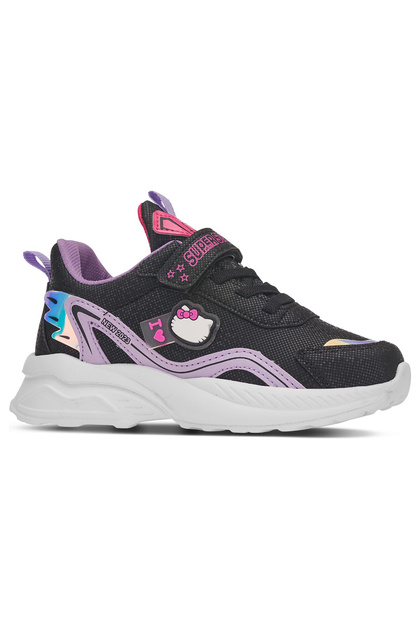 Daily Black Lilac Girl's Sneaker Rubber Laced Hologram Velcro Hello Kitty Shoes 1907